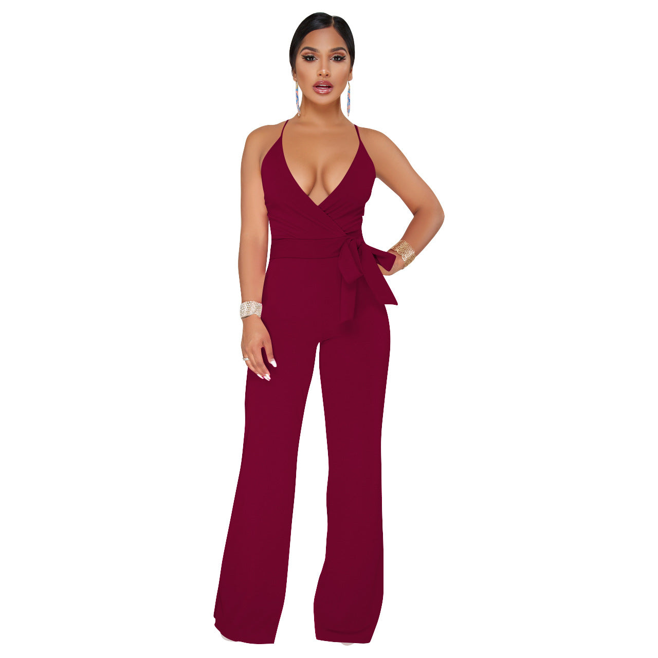 Summer Popular Classic Color V Neck Brace Jumpsuit
