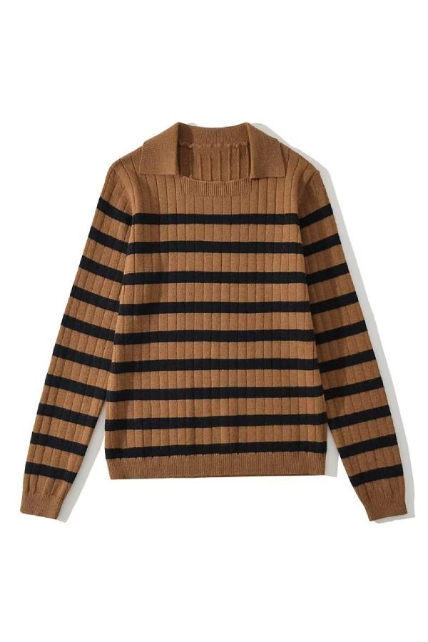 Lapel Loose Striped Knit Sweater