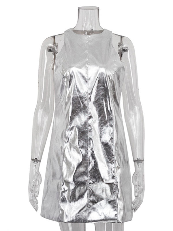 A-line Loose Shiny Color Zipper Round-neck Mini Dresses
