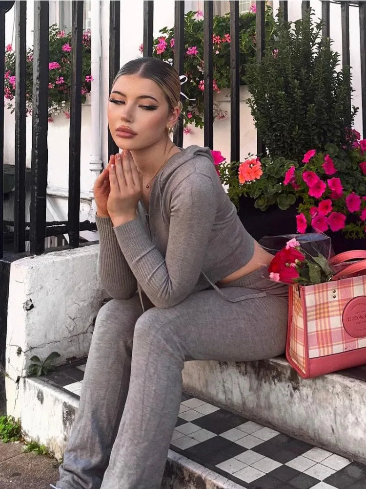 Knit 2-piece Set: ’s Hoodie Tracksuit & Crop Top Knitwear Pants