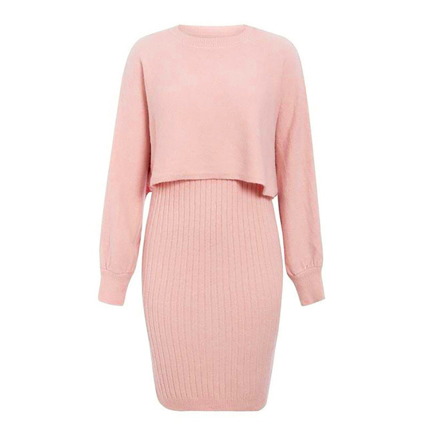 Knitted Dress Two Piece Set Autumn Winter Color Pullover Sweater