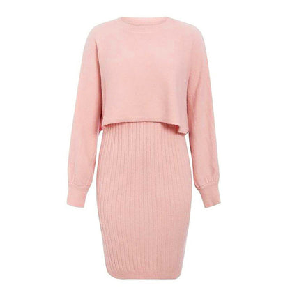 Knitted Dress Two Piece Set Autumn Winter Color Pullover Sweater