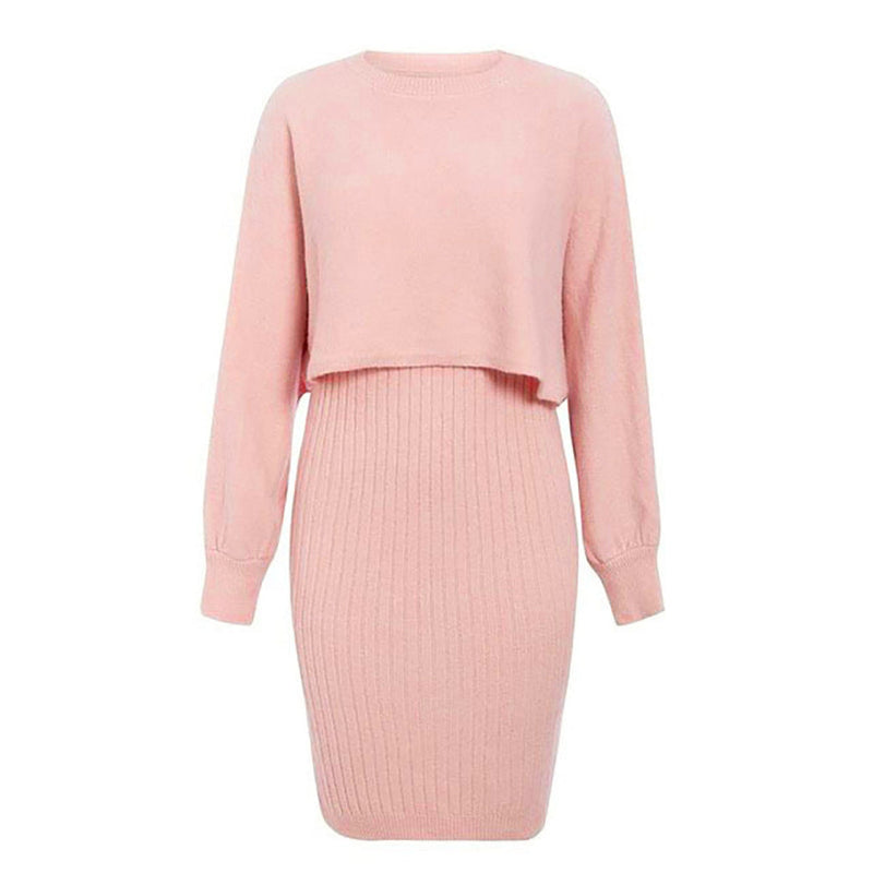 Knitted Dress Two Piece Set Autumn Winter Color Pullover Sweater