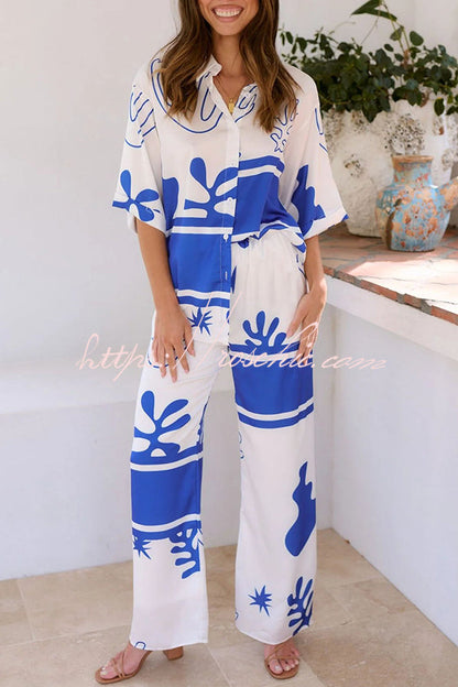 The Beach Unique Color Block Print Button Up Shirt and Elastic Waist Pants Set