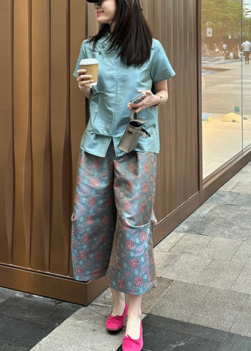 New Blue Button Shirt and Crop Pants Two-piece Set Summer Qt031
