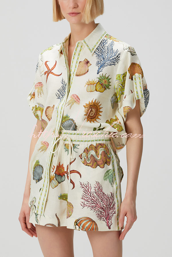 Beach Shell Print Short Sleeve Loose Shirt and Elastic Waist Tie Pocket Shorts Set