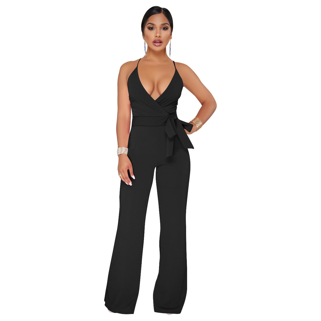 Summer Popular Classic Color V Neck Brace Jumpsuit