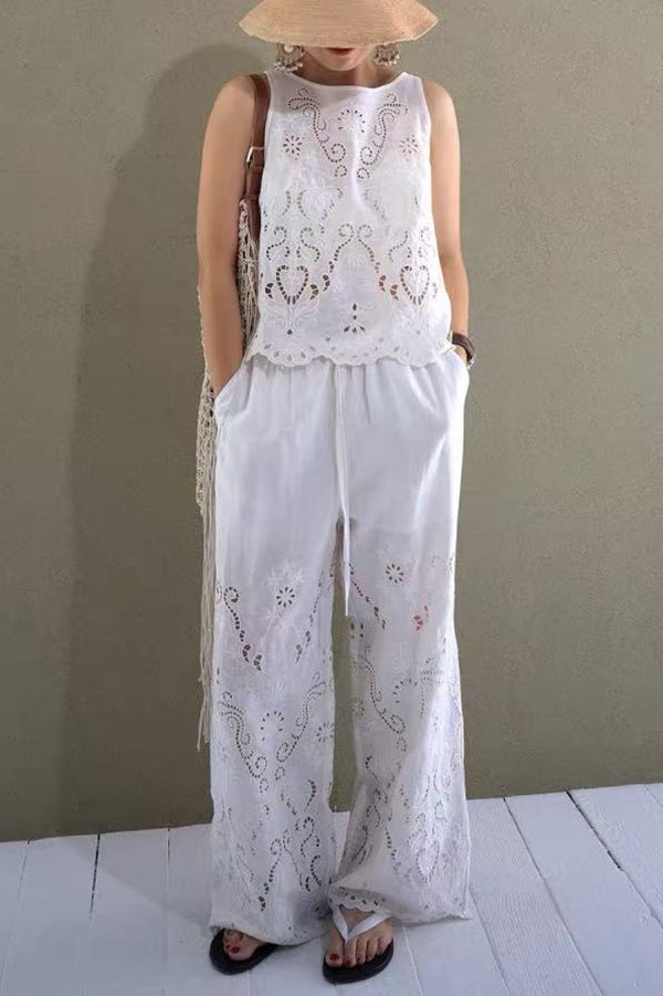 Linen Blend Color Embroidered Hollow Loose Vest and Elastic Waist Pocket Wide Leg Pants Set
