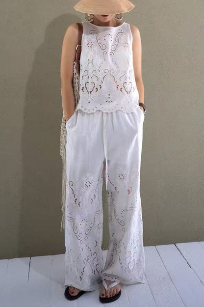 Linen Blend Color Embroidered Hollow Loose Vest and Elastic Waist Pocket Wide Leg Pants Set