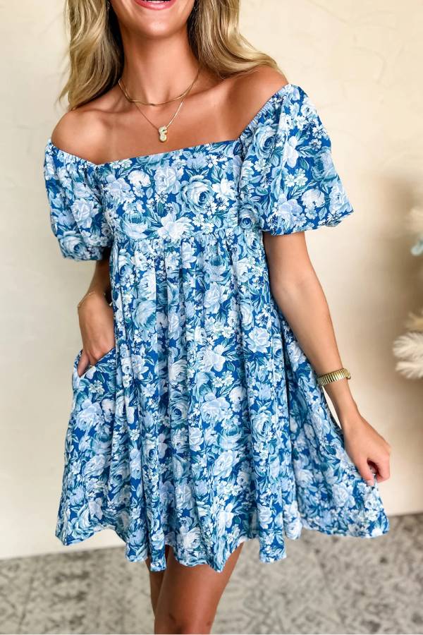 Blue Puff Sleeve Babydoll Mini Dress