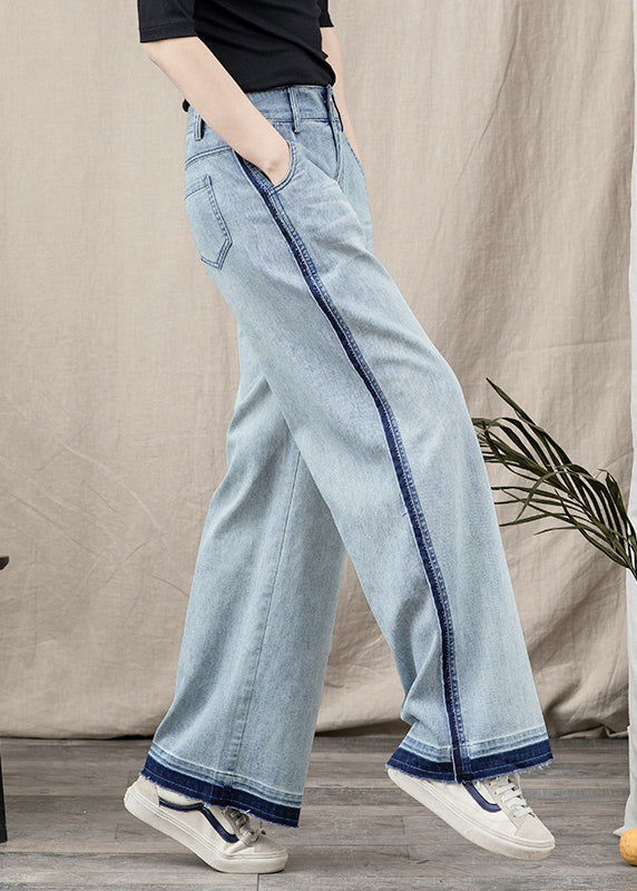 Blue Pockets Patchwork Denim Wide Leg Pants Spring Tt1027