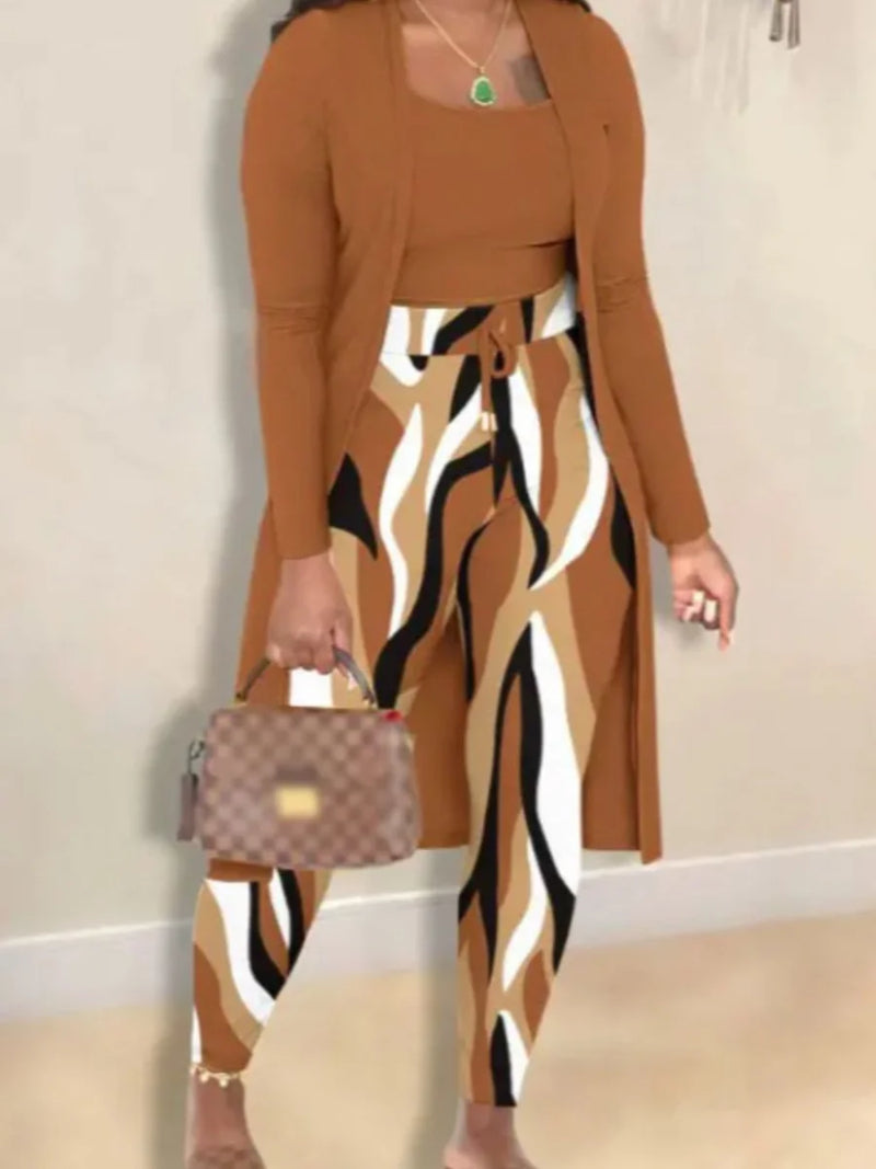 Autumn Winter 2 Piece Sets Outfit Cami Pattern U Neck Long Sleeve Drawstring Three Piece Skinny Pants Set