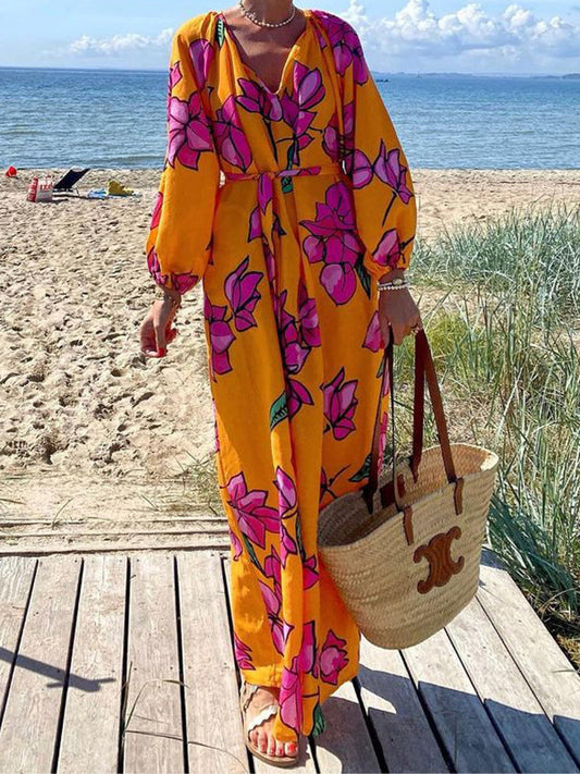 A-line Long Sleeves Flower Print Pockets Tied Waist V-neck Maxi Dresses