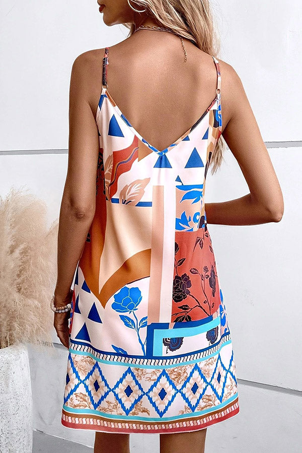 Unique Print Suspender V-neck Loose Mini Dress