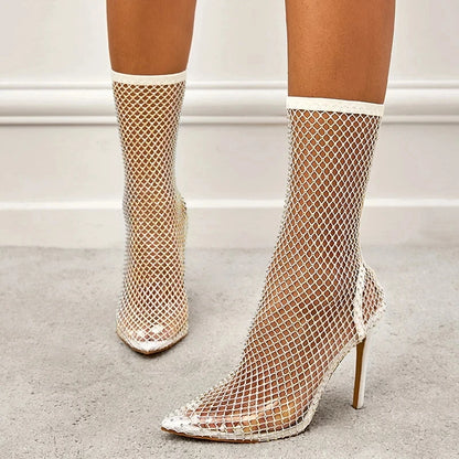 Liyke Yellow Green Mesh Ankle Boots Crystal Stretch Fabric Socks Shoes Party Nightclub Stripper Heels Pumps