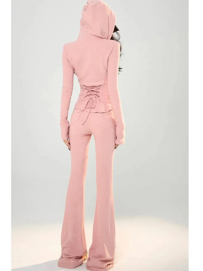 Y2k 2 Piece Set Tracksuit Hooded Zip Up Slim Coat + Drawstring Wide Leg Pants Autumn Korean Outfits