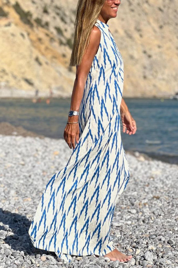 Blue Printed Sleeveless Long Dress