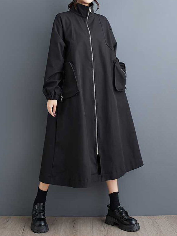 Retro Khaki High Neck Pockets Zip-up Long Sleeve Trench Coat Tw005