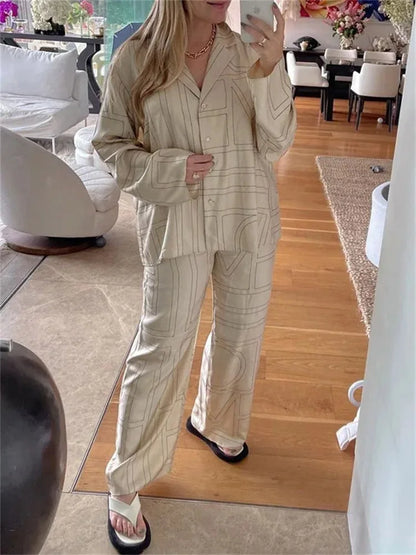 Patchwork Printed 2 Piece-set for Trousers Lapel Shirts Nightwear Slim High Waist ’s Pants Sets