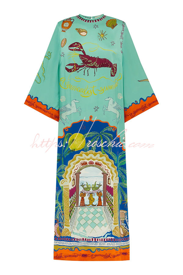 Satin Unique Print Long-sleeve Tie-waist Slit Maxi Dress