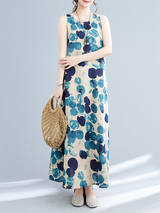 Loose Sleeveless Polka-dot Round-neck Maxi Dresses