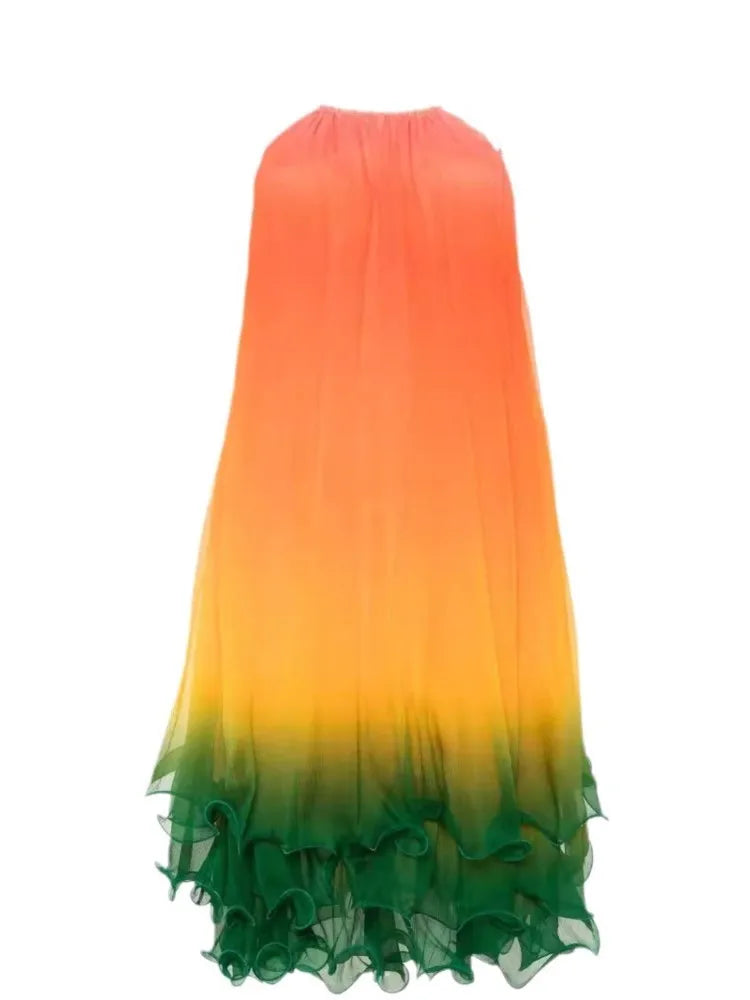 Gradient Halter Neck Leace-up Midi Dresses Off Shoulder Irregular Ruffles Dress Female Party Club Vestidos