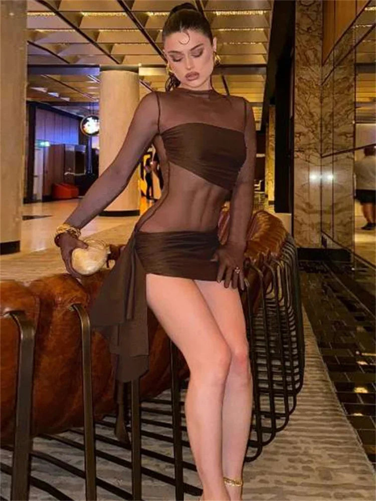 Mesh Hollow Out Mini Dress for See-through High Waist Pleated Slim Bandage Gown Dress Female Y2k Mini Dress New