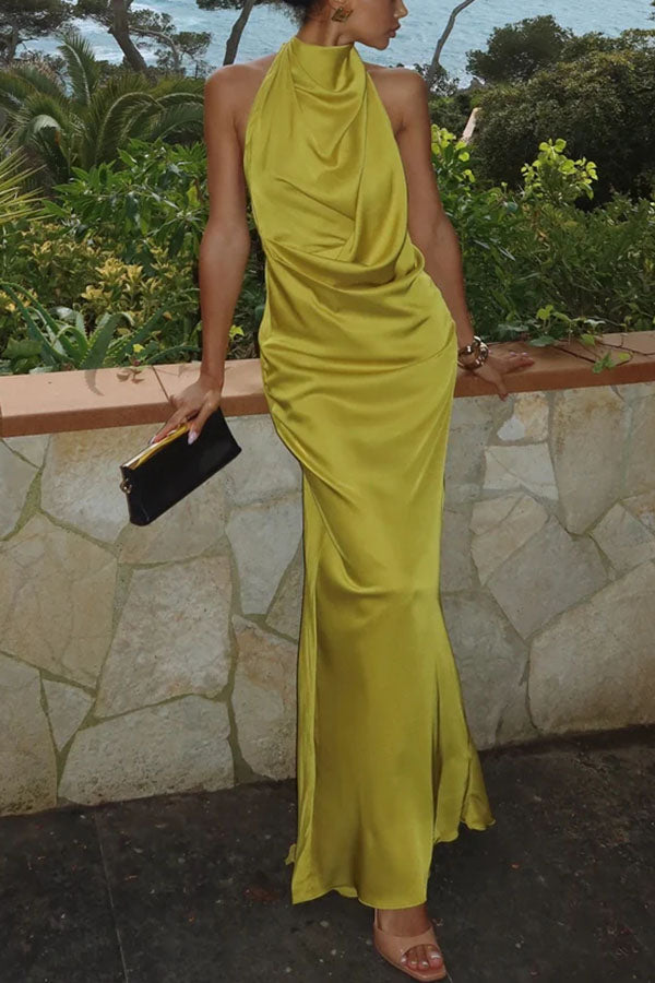 And Refined Satin Halter Draped Neck Backless Maxi Dress