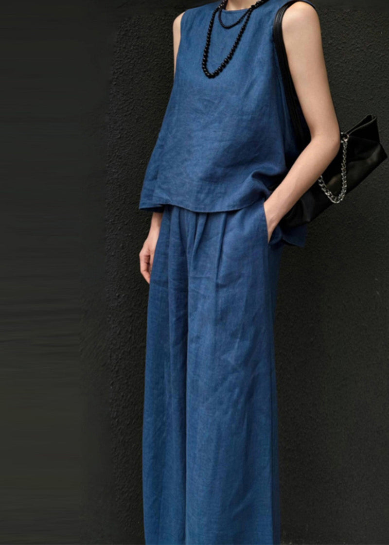Blue Linen Vest and Wide Leg Pants Two Pieces Set Sleeveless An1026