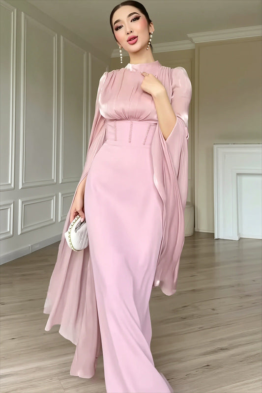 Glossy Flowy Sleeve Slim Maxi Dress
