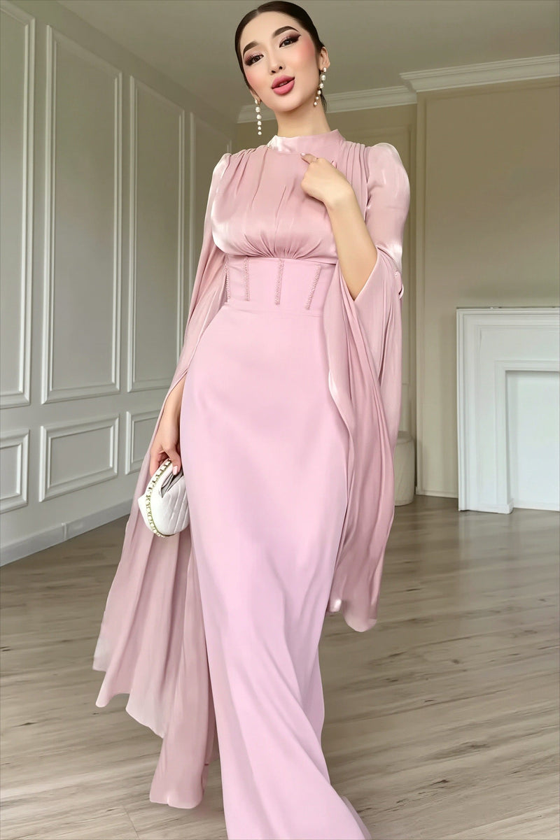 Glossy Flowy Sleeve Slim Maxi Dress