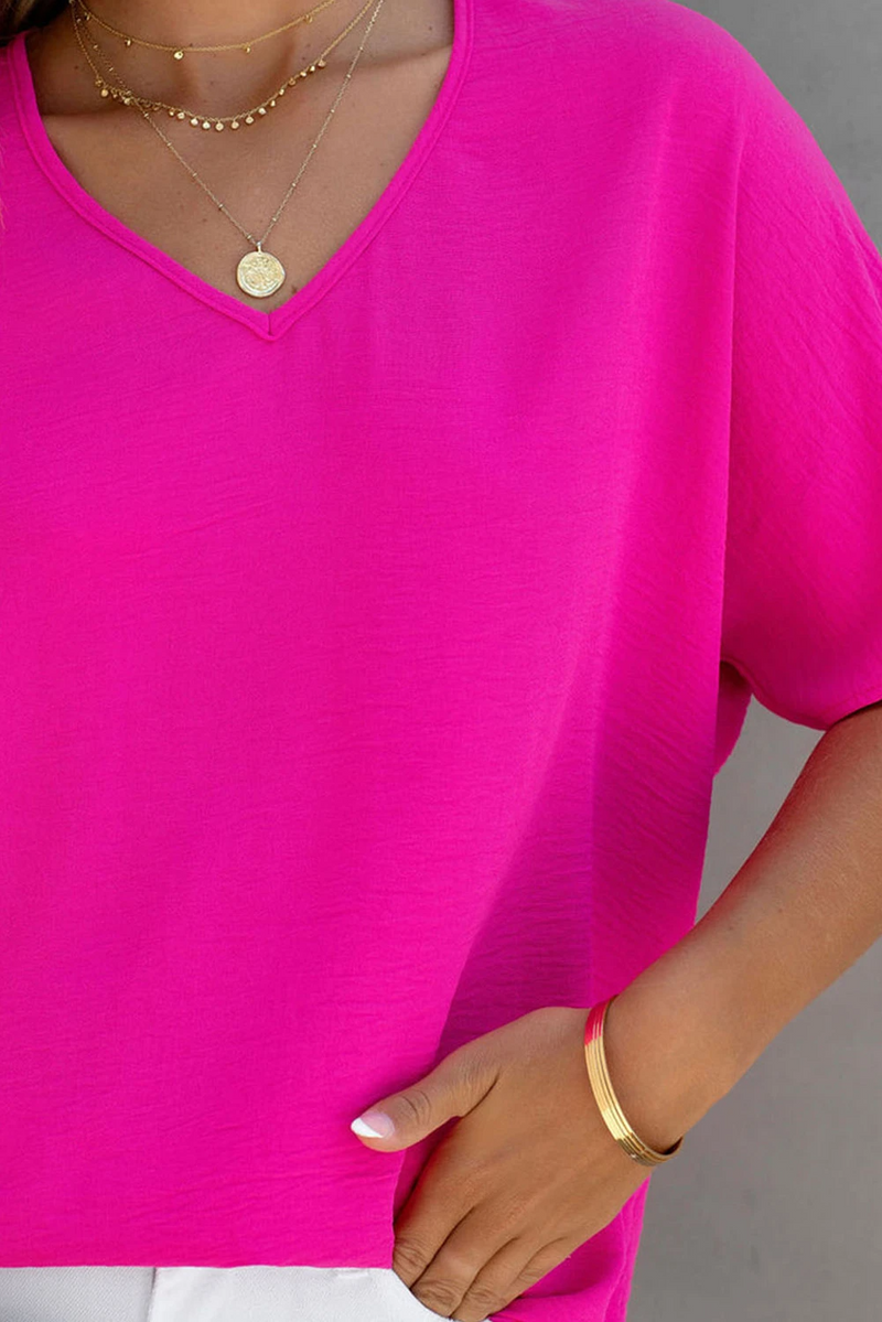 Color V Neck Short Sleeve Blouse