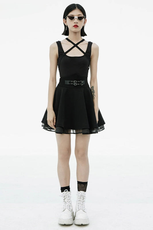 Nicola Series Dark High Waist Sun Swing Style Twill Woven Spliced Black Skirt