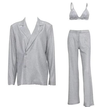 Sliver Sparkly Oversized Blazer Sets for Suit Glitter Coat and Pants Sets Blazer Femme Mujer Party
