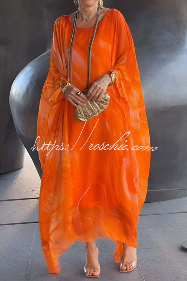 Unique Printed Crew Neck Loose Resort Style Maxi Dress