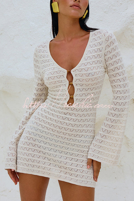 Long Sleeve V Neck Beach Cover Up Mini Dress