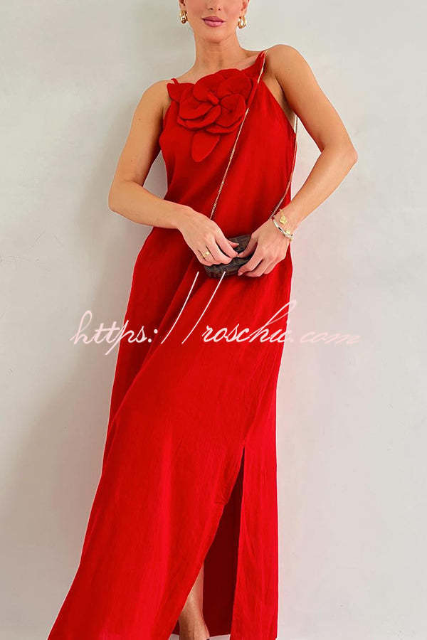 Vacay Ready Linen Blend Embellishment Pocketed Slit Maxi Dress