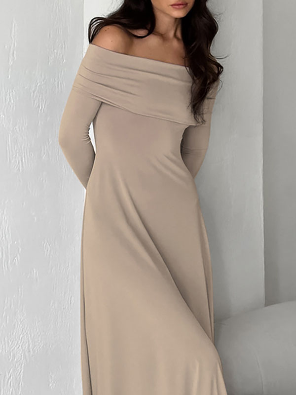 High Waisted Long Sleeves Color Off-the-shoulder Maxi Dresses