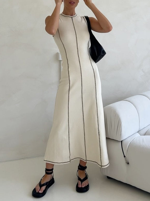 A-line Sleeveless Split-joint Striped Round-neck Maxi Dresses