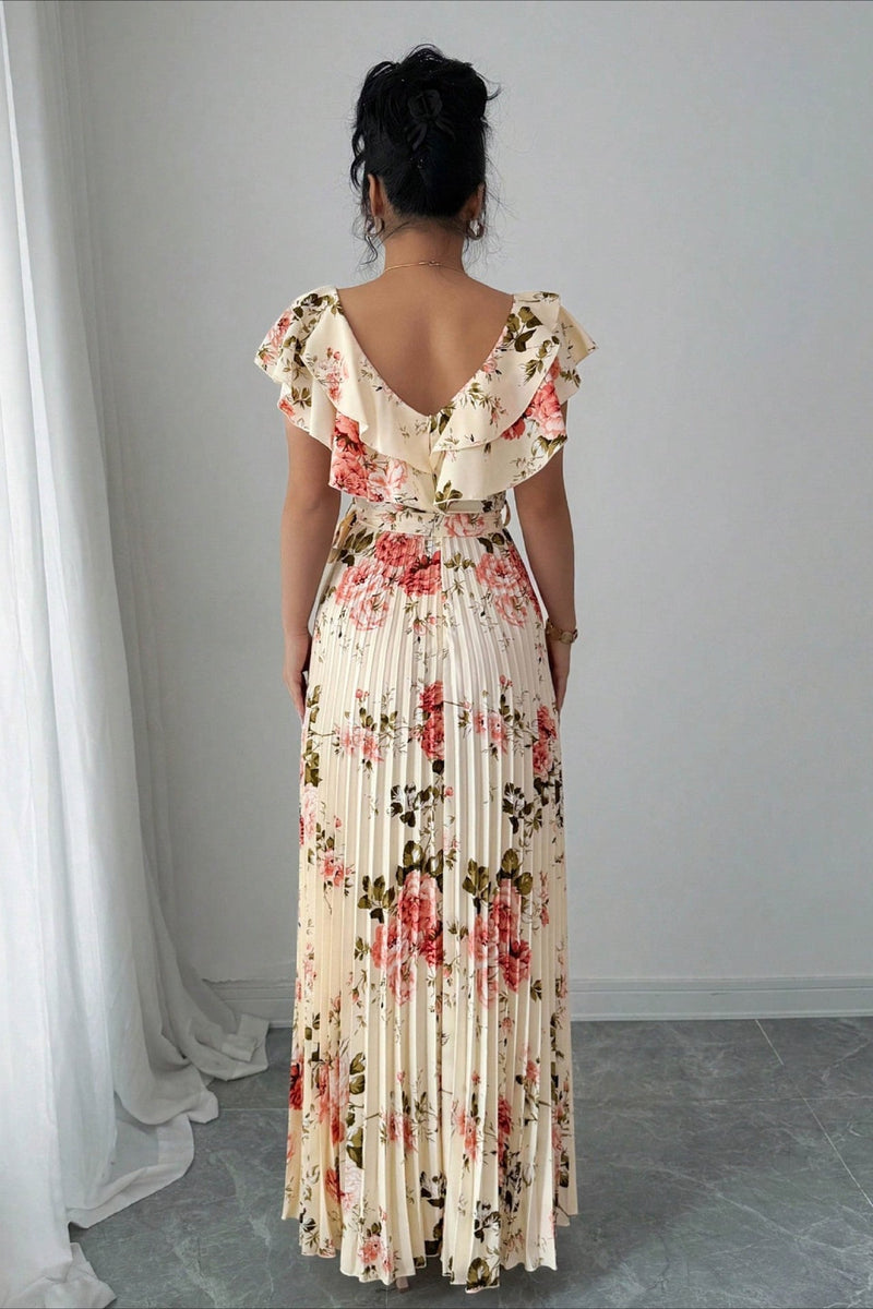 Print Ruffle Sleeve V Neck Pleated Maxi Dress