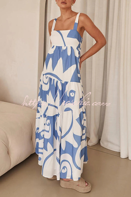 Style Geometric Print Back Smocked Loose Maxi Dress
