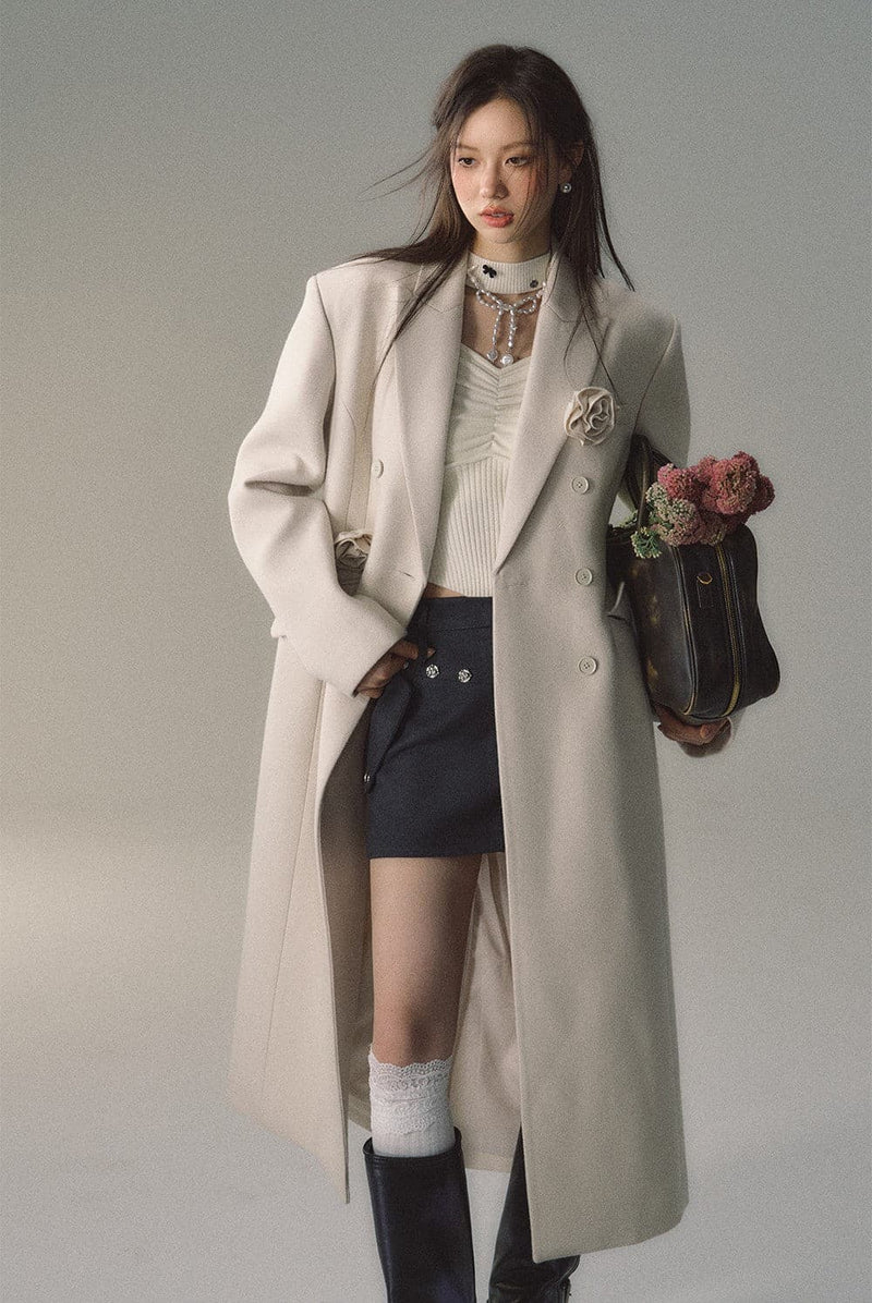 Cream Woolen Double-breasted Coat