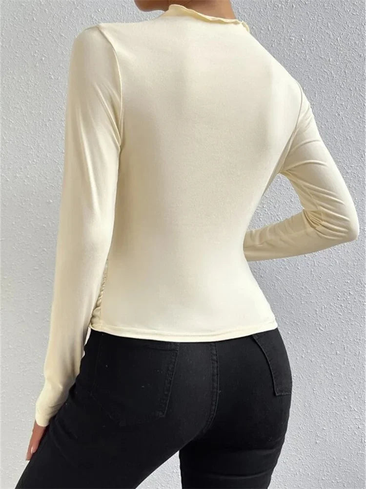 Pleated T-shirt for Patchwork Long Sleeve High Waist Inner Ruffled Crop Top Y2k Top Tee
