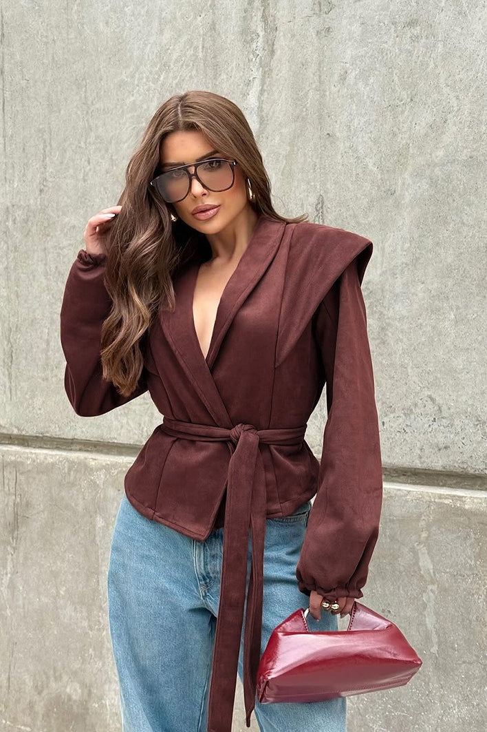 Wine Red Suede Tie-waist V-neck Coat