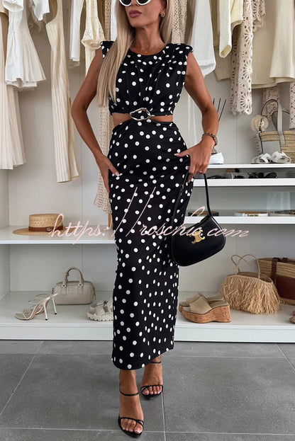 Roxane Polka Dot Print Shoulder Pad Metal Cutout Waist Slit Stretch Maxi Dress