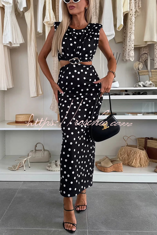 Roxane Polka Dot Print Shoulder Pad Metal Cutout Waist Slit Stretch Maxi Dress