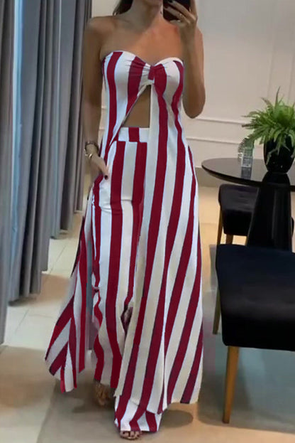 Striped Print Off-shoulder Long Top and Loose Pocket Straight Pants Set