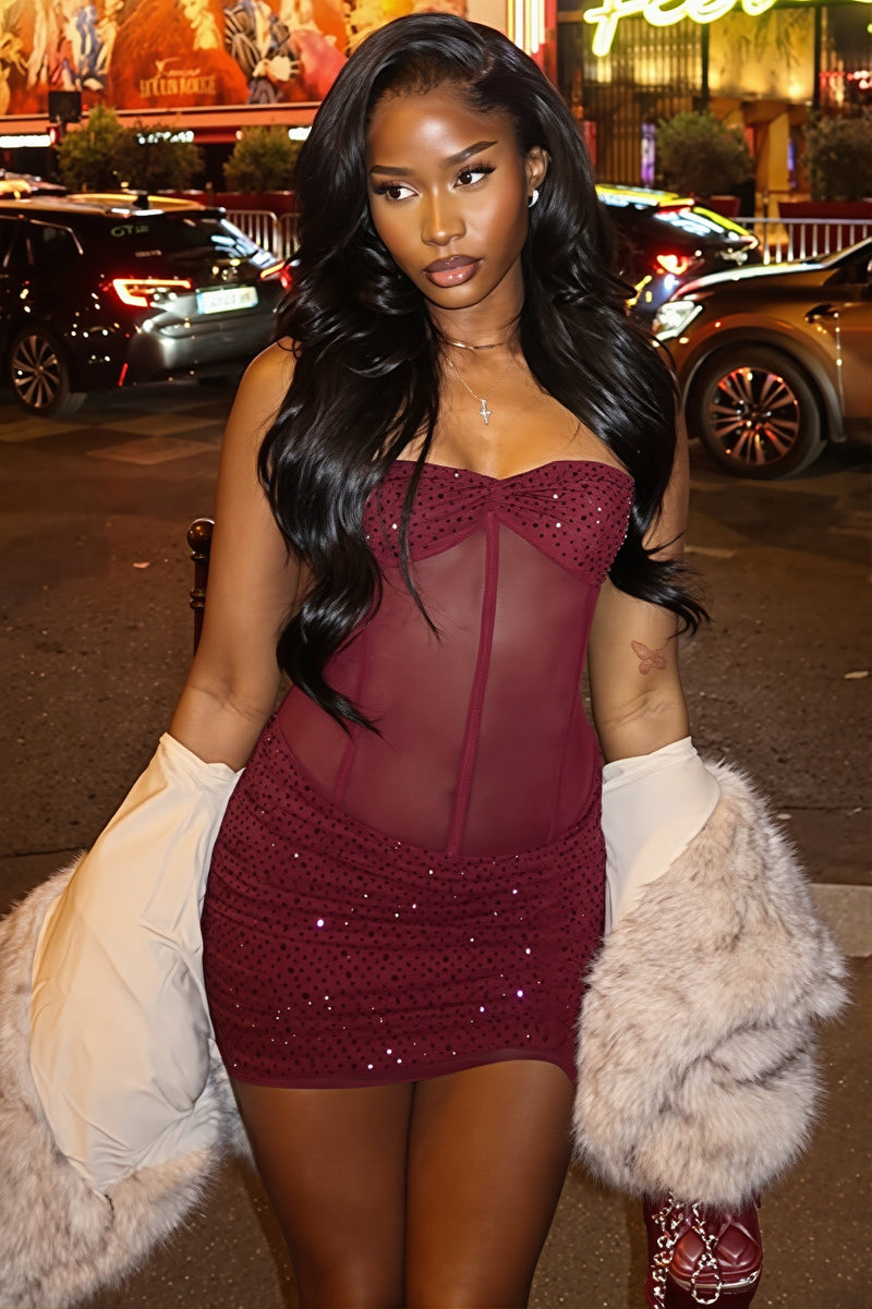 Rhinestone Lace Up Mesh Cut Out Bodycon Mini Dress