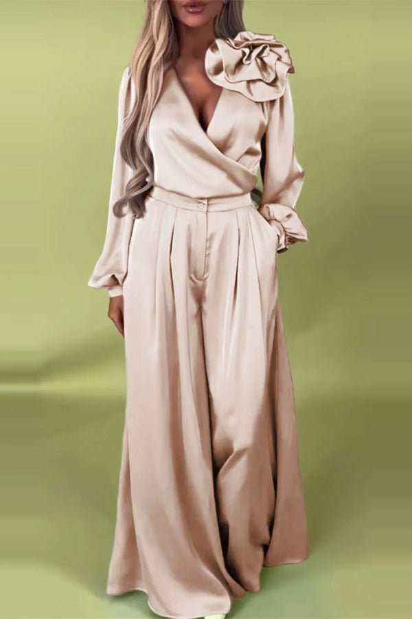 Color V-neck Long-sleeved Large Flower Decorated Top and Pocket Wide-leg Pants Set