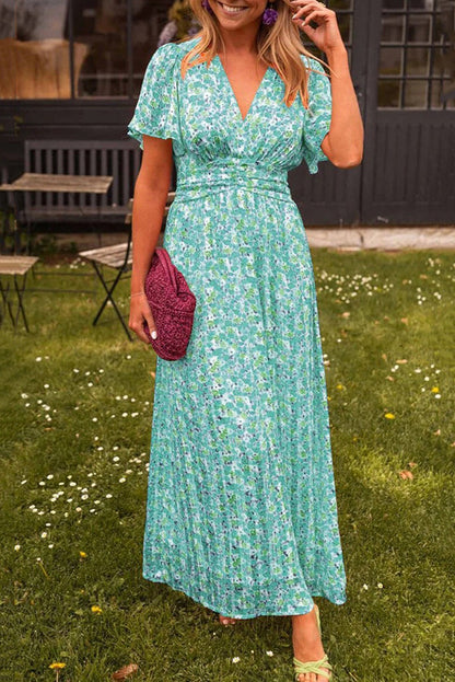 Print V-neck Short Sleeve Waist Maxi Dress